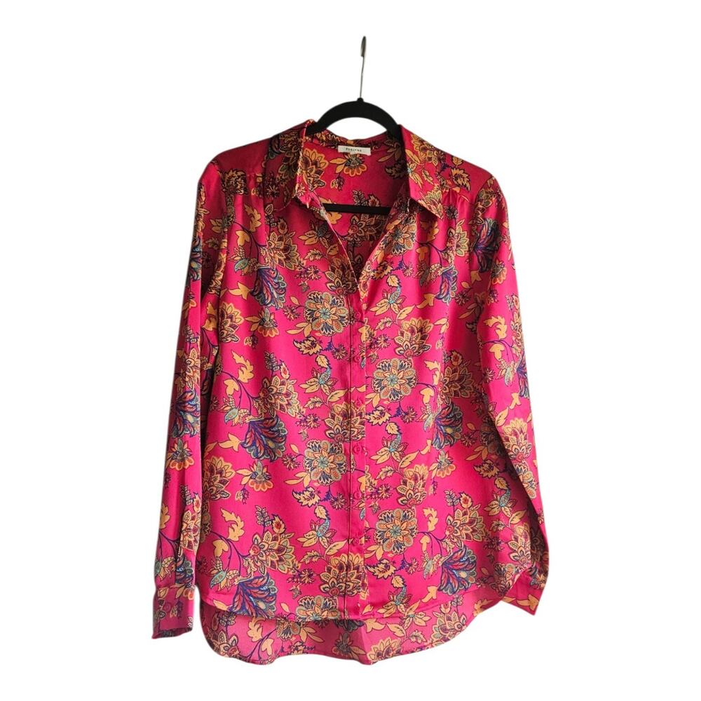 Plieone Womens L Blouse Button-Up Floral Pink L/S Split-Collar
